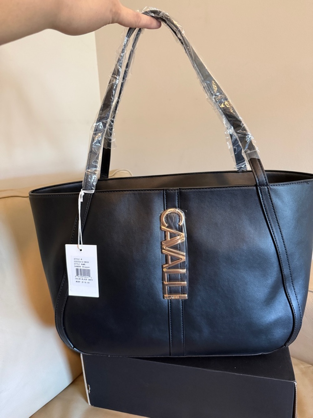 NWT Sandra Shopper Cavalli Class Black Tote with Gold Logo Pendant - Picture 7 of 7